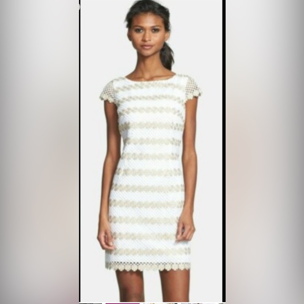 🌼🌻🌼💐Lilly Pulitzer Barbara Lotty Daisy Floral Crochet Lace Gold/White Sheath sz8